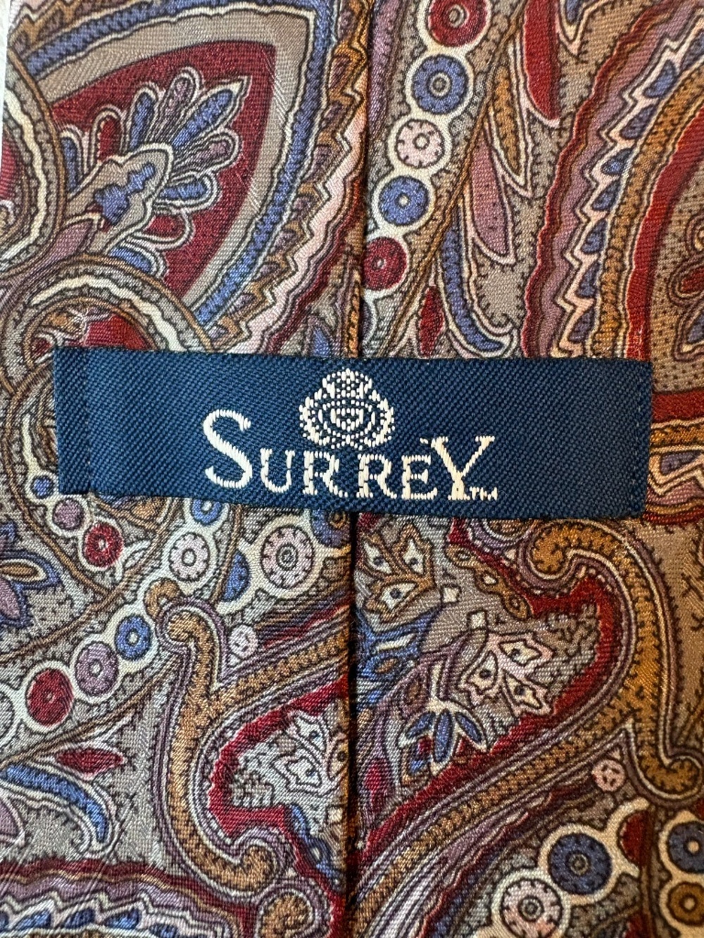 Vintage Surrey Paisley Necktie Mens Silk-Look Polyester Burgundy Blue Wide Tie